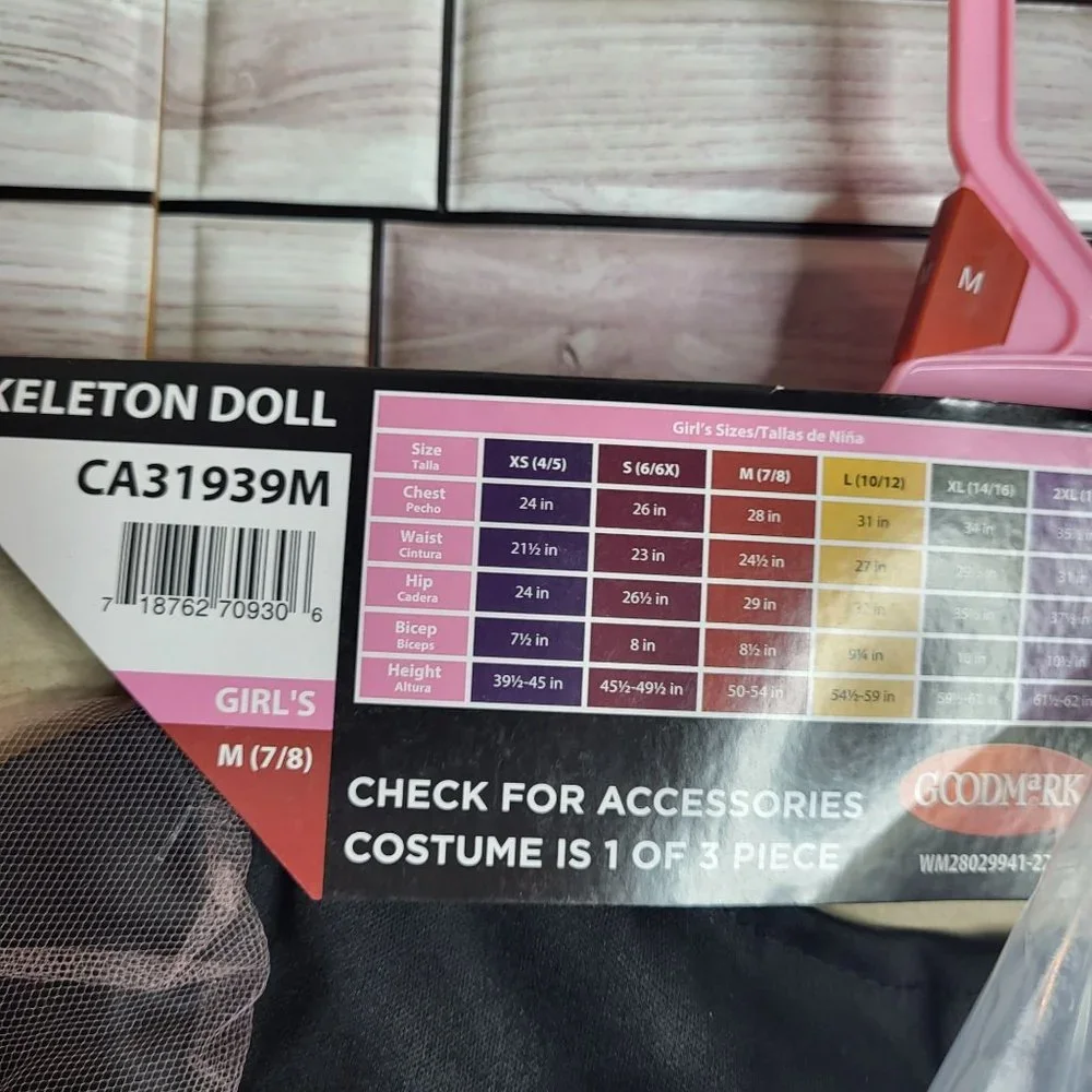 New Skeleton Doll Halloween‎ Costume Girl's Medium 7-8 Black Dress Up Outfit